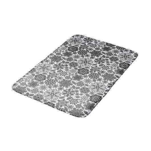 Black Gray White Retro Floral Art Seamless Pattern バスマット (アングル)