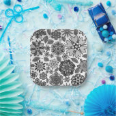 Black Gray White Retro Floral Art Seamless Pattern ペーパープレート (パーティー)