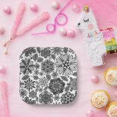 Black Gray White Retro Floral Art Seamless Pattern ペーパープレート (パーティー)