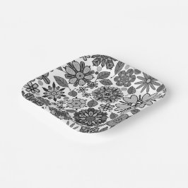 Black Gray White Retro Floral Art Seamless Pattern ペーパープレート