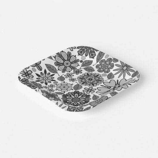 Black Gray White Retro Floral Art Seamless Pattern ペーパープレート (傾斜あり)