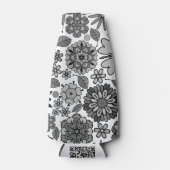 Black Gray White Retro Floral Art Seamless Pattern ボトルクーラー (正面)