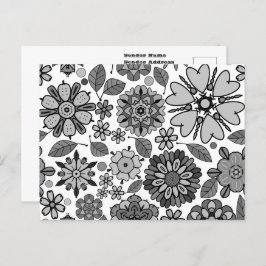 Black Gray White Retro Floral Art Seamless Pattern ポストカード