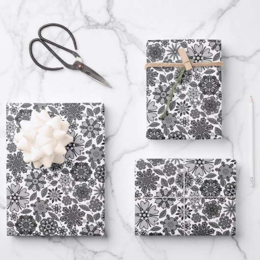 Black Gray White Retro Floral Art Seamless Pattern ラッピングペーパーシート (正面)