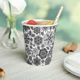 Black Gray White Retro Floral Art Seamless Pattern 紙コップ