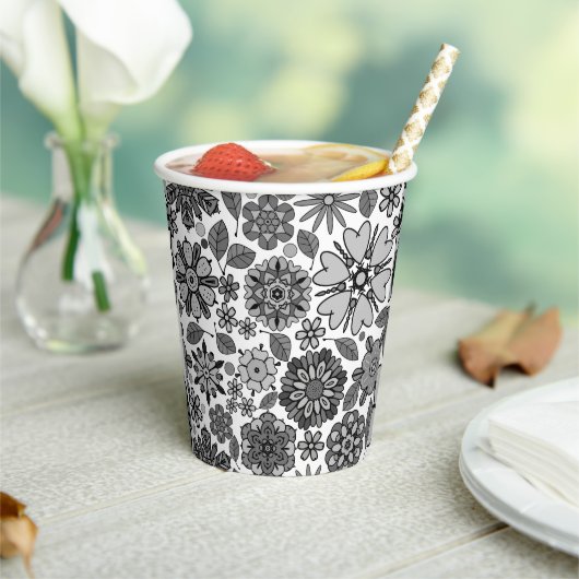 Black Gray White Retro Floral Art Seamless Pattern 紙コップ (インサイチュ)