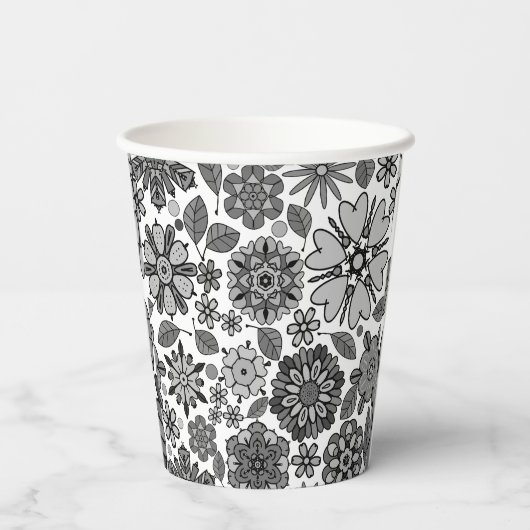 Black Gray White Retro Floral Art Seamless Pattern 紙コップ (裏面)