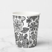 Black Gray White Retro Floral Art Seamless Pattern 紙コップ (右)