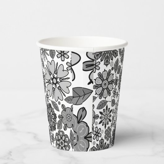 Black Gray White Retro Floral Art Seamless Pattern 紙コップ (右)