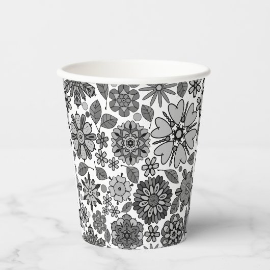 Black Gray White Retro Floral Art Seamless Pattern 紙コップ (正面)