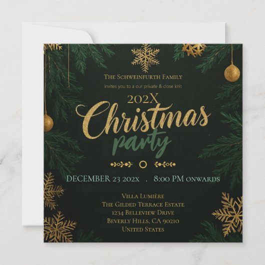 Black Green and Gold Classic Christmas Invitation 招待状 (正面)