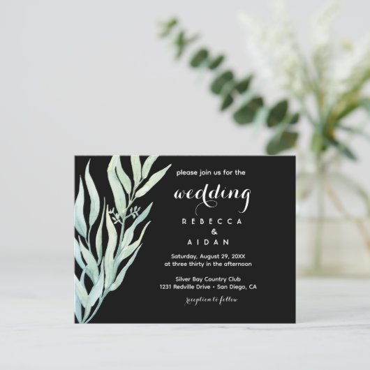 Black Green Botanical Wedding Invitation インビテーションポストカード (スタンド正面)