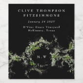 Black Green Eucalyptus Monogram Wreath Wedding  ワインラベル (シングルラベル)