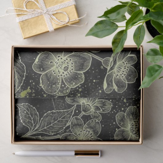 Black & Green Hand-Drawn Floral Script Decoupage 薄葉紙 (ギフト)