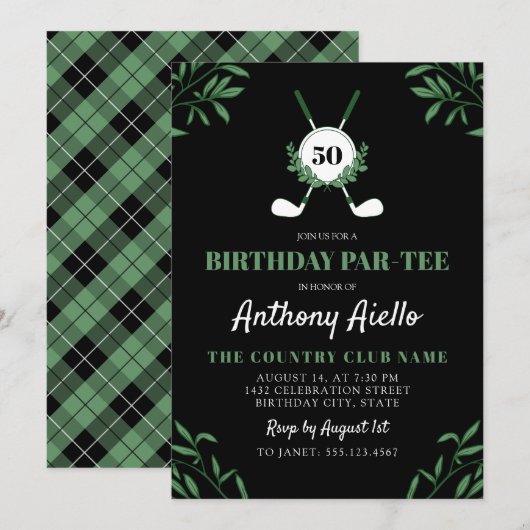 Black Greenery Golf Themed Birthday Par-Tee 招待状 (正面/裏面)