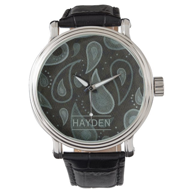 Black Grey Paisley Pattern Elegant Personalised 腕時計 (正面)