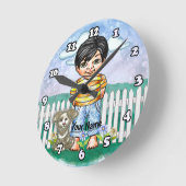 Black Hair Boy and Dog  ラウンド壁時計 (傾斜)