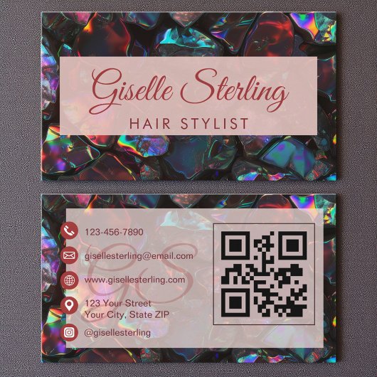  Black Hair Stylist Opal Gemstone QR Code 名刺