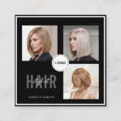 Black Hair Stylist Photo Collage QR Code & Review スクエア名刺 (正面)