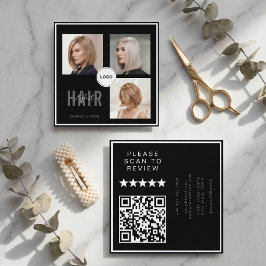 Black Hair Stylist Photo Collage QR Code & Review スクエア名刺