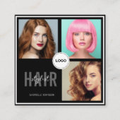 Black Hair Stylist Photo Collage QR Code & Review スクエア名刺 (正面)