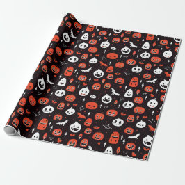 Black Halloween Pattern with pumpkins and ghosts ラッピングペーパー