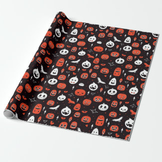Black Halloween Pattern with pumpkins and ghosts ラッピングペーパー