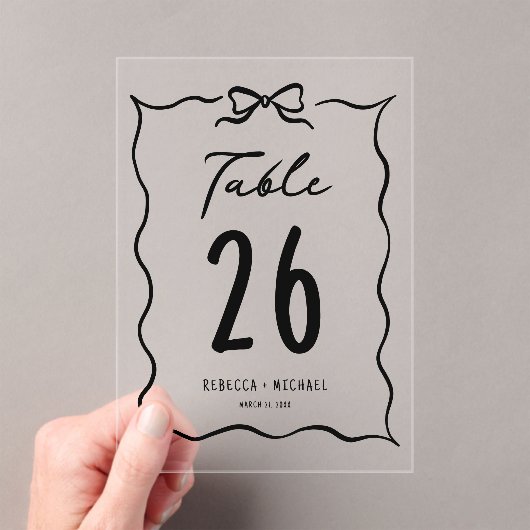 Black Hand Drawn Bow Wedding Acrylic Table Number アクリル招待状 (インサイチュ (ポータブル))