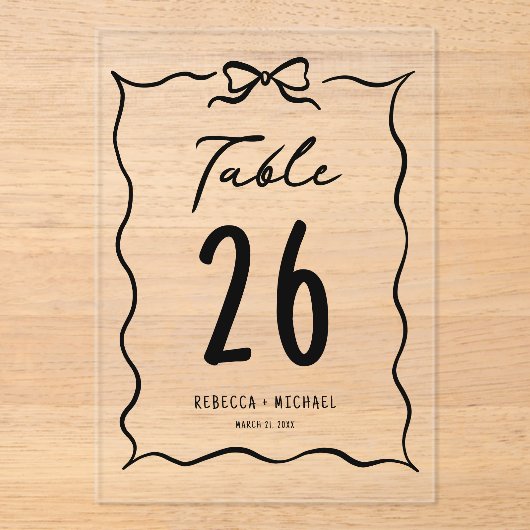 Black Hand Drawn Bow Wedding Acrylic Table Number アクリル招待状 (正面)