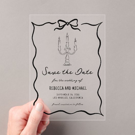 Black Hand Drawn Bow Wedding Save the Date アクリル招待状 (インサイチュ (ポータブル))