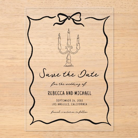 Black Hand Drawn Bow Wedding Save the Date アクリル招待状 (正面)