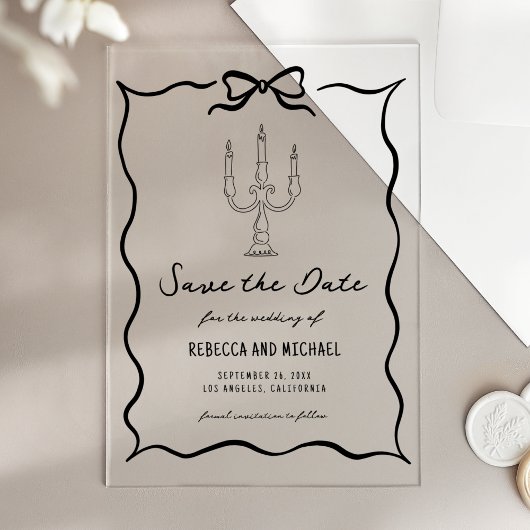 Black Hand Drawn Bow Wedding Save the Date アクリル招待状