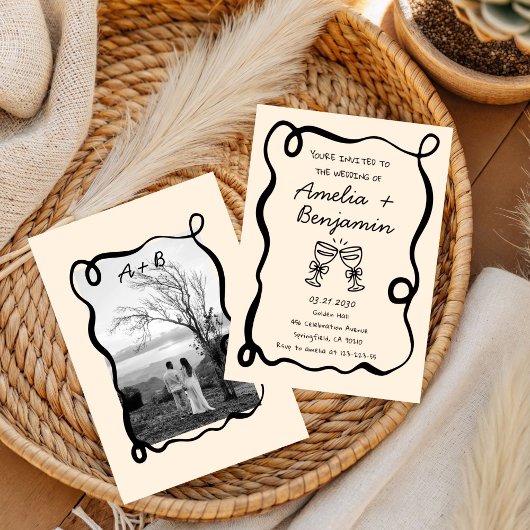 Black hand drawn champagne Whimsical Wedding  招待状