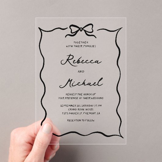 Black Hand Drawn Coquette Bow Wedding アクリル招待状 (インサイチュ (ポータブル))