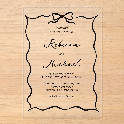Black Hand Drawn Coquette Bow Wedding アクリル招待状 (正面)