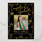 Black Hand Drawn Doodle Graduate 4 Photo Real Gold 箔招待状 (正面)