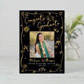 Black Hand Drawn Doodle Graduate 4 Photo Real Gold 箔招待状 (立ち正面)