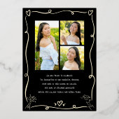 Black Hand Drawn Doodle Graduate 4 Photo Real Gold 箔招待状 (裏面)