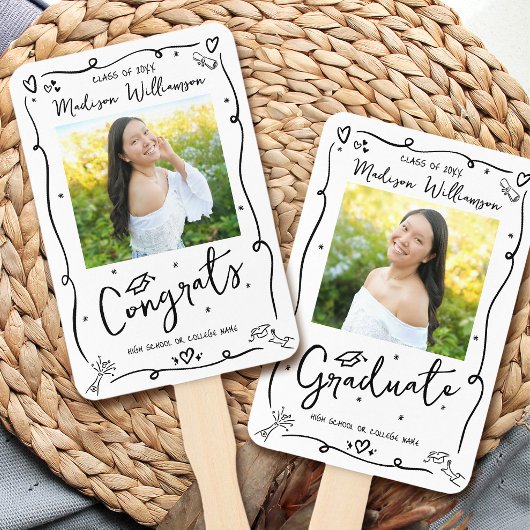 Black Hand Drawn Doodle Graduation 2 Photo White ハンドファン