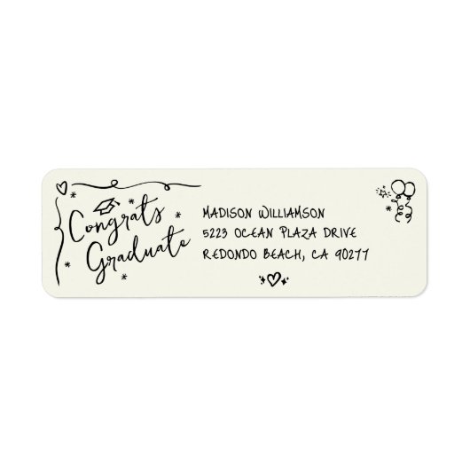 Black Hand Drawn Doodle Graduation Cream Address ラベル (正面)