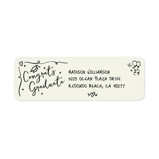 Black Hand Drawn Doodle Graduation Cream Address ラベル (正面)