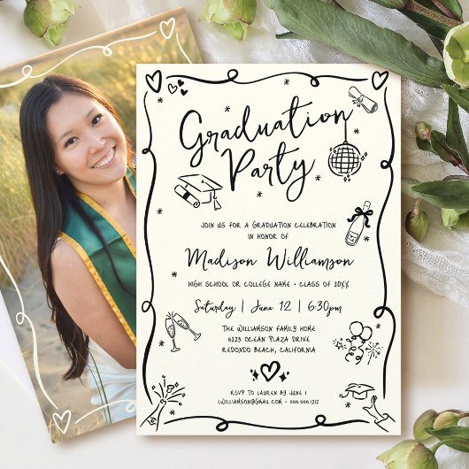 Black Hand Drawn Doodle Photo Graduate Party Cream 招待状