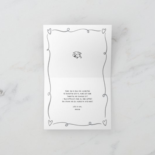 Black Hand Drawn Doodle Style Graduation White Fun サンキューカード (内部)