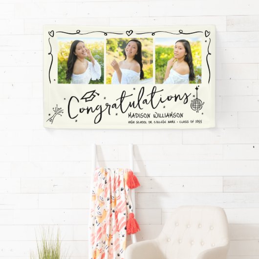 Black Hand Drawn Doodles Graduation 3 Photo Cream 横断幕 (インサイチュ)