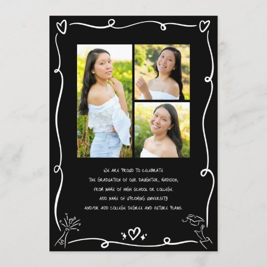 Black Hand Drawn Doodles Graduation 4 Photo White 案内状 (裏面)