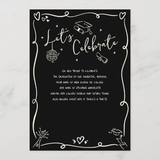 Black Hand Drawn Doodles Graduation Photo Cream 案内状 (裏面)