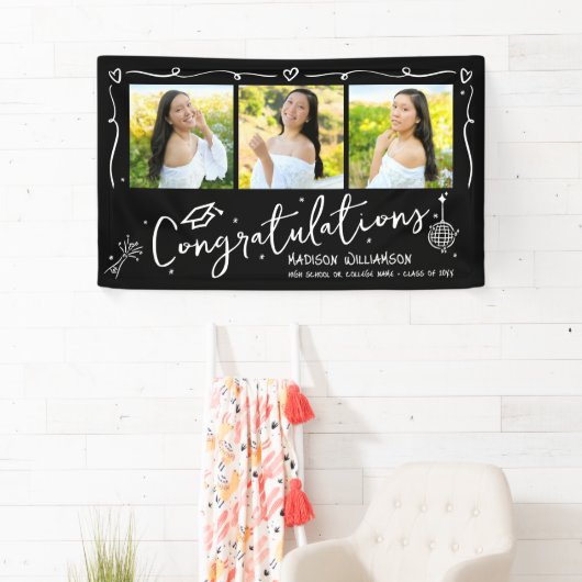 Black Hand Drawn Style Doodles Graduation 3 Photo 横断幕 (インサイチュ)