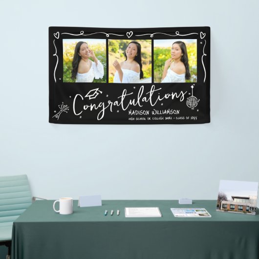 Black Hand Drawn Style Doodles Graduation 3 Photo 横断幕 (トレードショー)