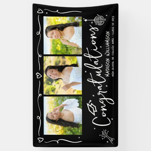 Black Hand Drawn Style Doodles Graduation 3 Photo 横断幕 (縦)