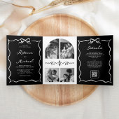 Black Hand Drawn White Bow QR Code Photo Wedding 三つ折り招待状